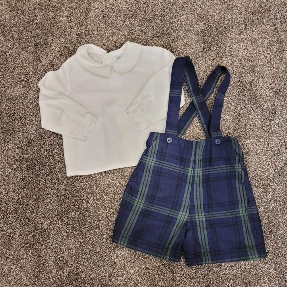 Edgehill Collection Boys 12M White Peter Pan Shirt Plaid Suspender Shorts Set